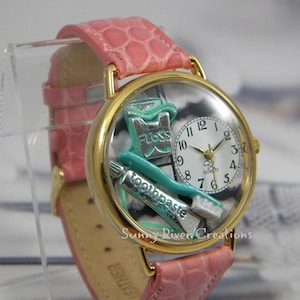 Reloj de dentista o higienista dental con hilo dental, cepillo de dientes y pasta de dientes, regalo de agradecimiento, cumpleaños