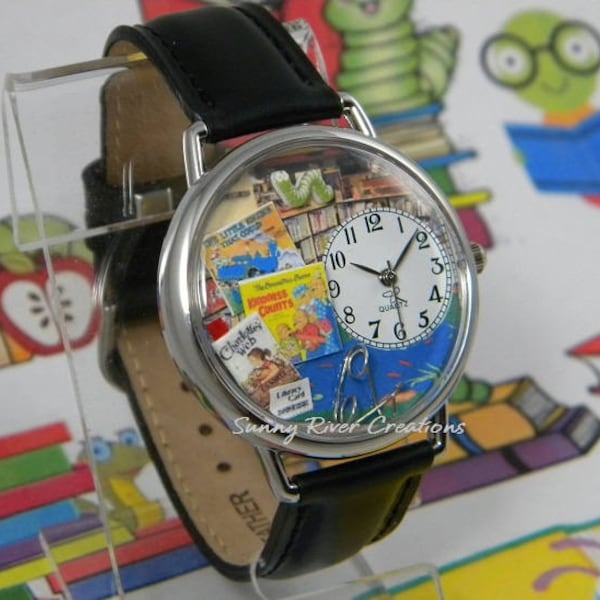 Children's Librarian Watch with bookworm, books, glasses and library card, reading, gift, birthday, Christmas
