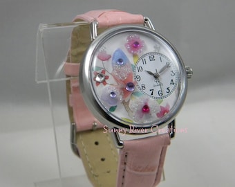 Beautiful Blue and Pink Butterfly Watch with flowers, unique gift, birthday, Christmas, spring time, wedding