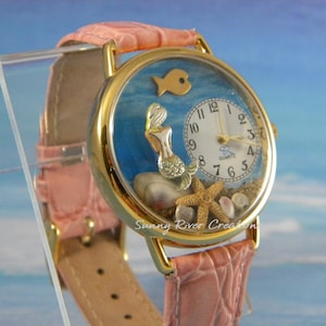 Mermaid Watch with sand shells starfish and a fish, ocean, sea, water, gift