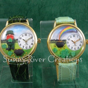 St Patrick&#39;s Day Watches with leprechaun, pot of gold, rainbow, shamrocks four leaf clovers, Irish, Ireland unique gift