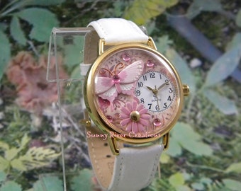 Beautiful Pink Butterfly Watch with pink flower floral background unique gift birthday woman's watch