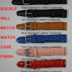 May include: A set of eight watch straps in different colors and textures, including black, tan, blue, pink, red, and white. The straps are labeled with the words "buckle", "will", "match", "watch", "case", "finish", and "white standard leather underside".