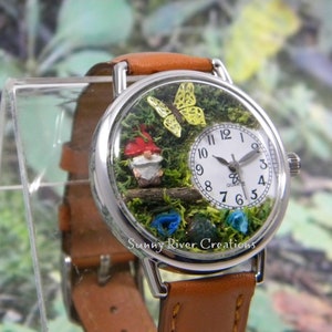 Gnome Watch with cute little gnome sitting on a log, greenery, flowers, turtle, and butterfly, gift, birthday