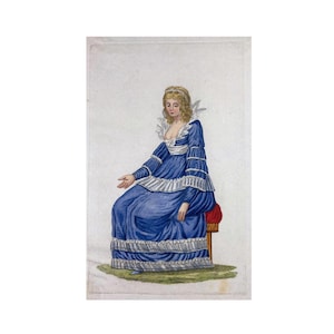 May include: An antique illustration of a woman in a long, blue dress with white and silver accents. The dress features layered sleeves and a ruffled hem. She is seated on a red stool, with a white collar and blonde hair. The artwork is set against a neutral background.