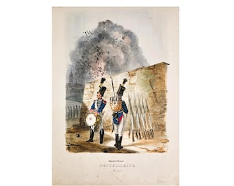 Uniform des deutschen Bundesheeres. Mineurs. Antike handkolorierte Farblitographie von Eckert und Monten. Kaiserthum ÖSTERREICH. 1838.