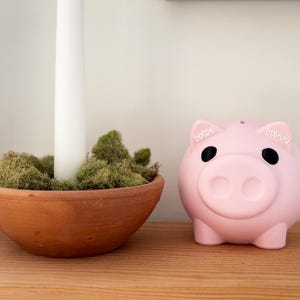 May include: A pink piggy bank with the words "baby" and "money" on its ears sits on a wooden surface. Next to it is a terracotta bowl filled with green moss and a white candle.