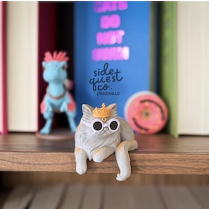 May include: A gray cat figurine wearing sunglasses and a gold crown, resting on a wooden shelf. A blue dinosaur figurine and a pink circular object are behind the cat. The shelf is in front of a row of books.