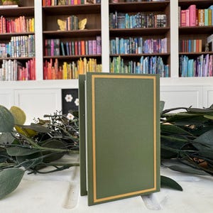 Puede incluir: Dos libros verdes con borde dorado se alzan sobre un fondo de una estanter&iacute;a llena de libros coloridos. La vegetaci&oacute;n y las hojas est&aacute;n en primer plano. Los libros tienen un dise&ntilde;o cl&aacute;sico y elegante.