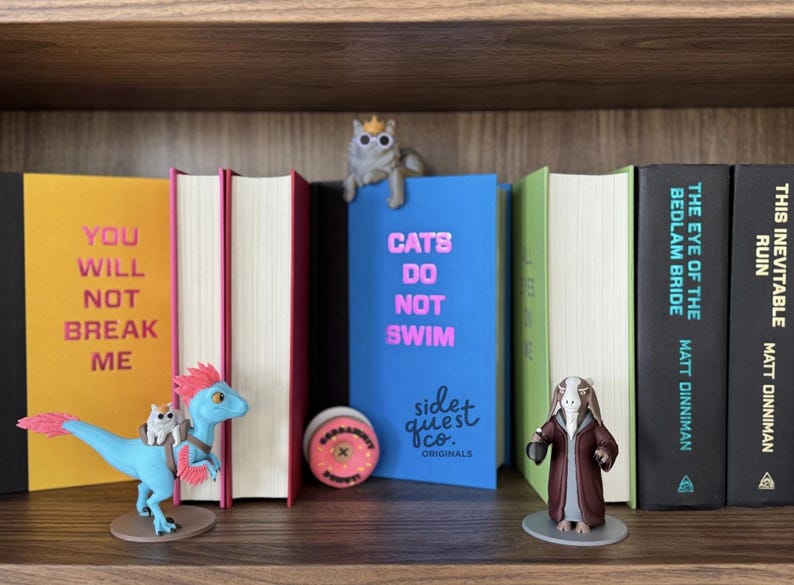 May include: A shelf displays books and figurines. The books have titles like "You Will Not Break Me" and "The Eye of the Bedlam Bride." Figurines include a cat with a crown, a blue dinosaur with a cat, and a figure in a robe. A pink and white donut-shaped object is also present.