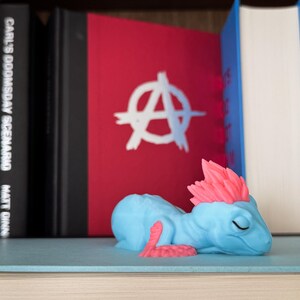 May include: A light blue fantasy creature figurine with pink details, resting on a shelf. The figurine has closed eyes and a relaxed posture. Behind it are books, including one with a red cover and a white symbol.