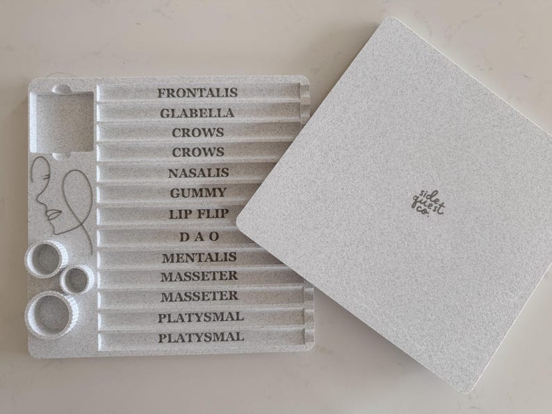May include: A light gray, textured tray with labeled sections for facial muscles, including "FRONTALIS" and "GLABELLA." A matching lid with the text "side quest & co." is next to the tray. The tray also has a side profile illustration.