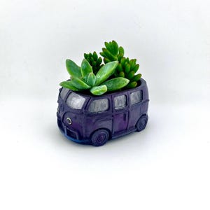 May include: A purple and silver Volkswagen bus planter with a variety of green succulents growing inside.