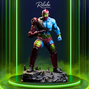 May include: A detailed action figure of a blue-skinned character with a red and green helmet, armor, and robotic arm. The figure stands on a rocky base with a green and black background. The figure is a collectible item.