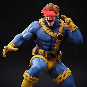 May include: A detailed action figure of Cyclops from the X-Men. The figure is in a dynamic pose, wearing a blue and yellow costume with a red visor. The figure has a muscular build and is highly detailed, with a realistic facial expression.