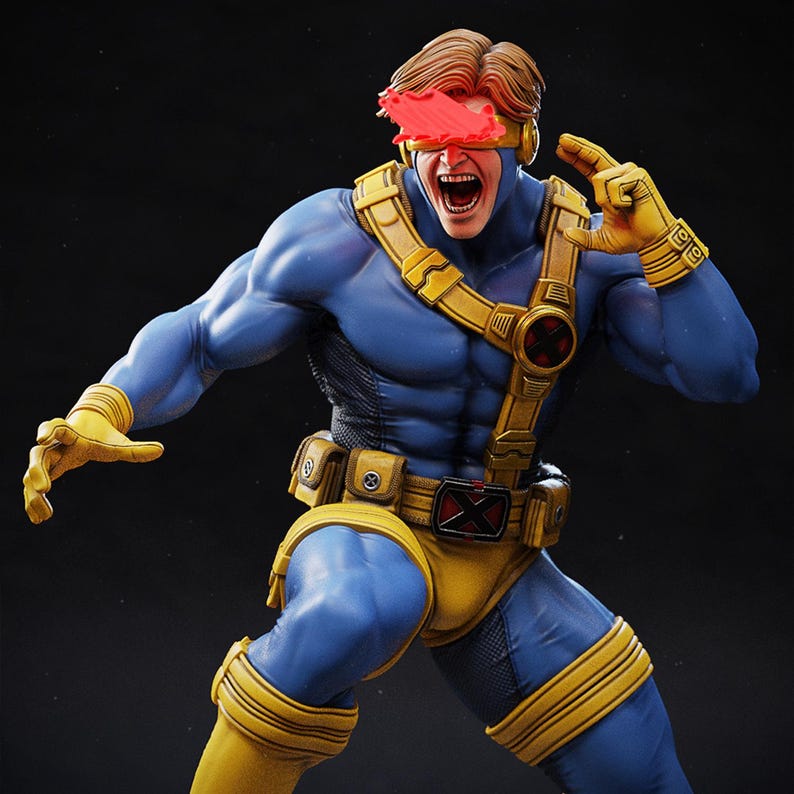 May include: A detailed action figure of Cyclops from the X-Men. The figure is in a dynamic pose, wearing a blue and yellow costume with a red visor. The figure has a muscular build and is highly detailed, with a realistic facial expression.