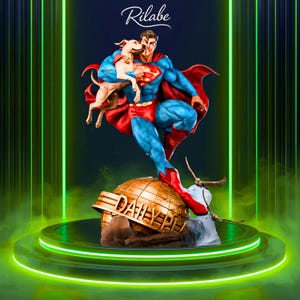May include: A Superman statue in a dynamic pose, holding a dog. The figure is in a classic blue and red costume, with a red cape. The statue stands on a golden globe with the text "DAILY PLANET". The background has green neon lights.