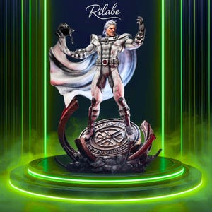 May include: A detailed statue of a superhero figure in a dynamic pose, wearing a white and gray suit with a flowing cape. The figure stands on a circular base with the words "GIFTED YOUNGS" and "Xavier's School" inscribed. The background is a neon green.