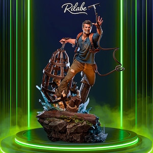 May include: A detailed statue of a male figure in action, holding a cage and rope, with a pickaxe in his other hand. The figure is wearing a blue shirt, brown pants, and a leather harness. The statue is set on a rocky base with water effects and a log. The background is dark blue with green neon accents.