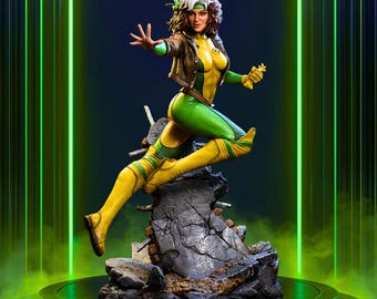 Estatua y busto de Rogue (Fanart STL) / Escala 1/6 / Pose de ataque de energía voladora sobre base de escombros de batalla / Descarga del modelo para impresión 3D (archivo STL)