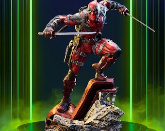Deadpool Fanart STL Statue | 1/6 Scale | Dual Katana Battle Pose with Rubble Base | 3D STL Print File Model Download