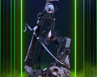 2B Fanart STL Statue | 1/7 Scale | Twin Sword Pose on Broken Machine Base | 3D STL Print File Model Download