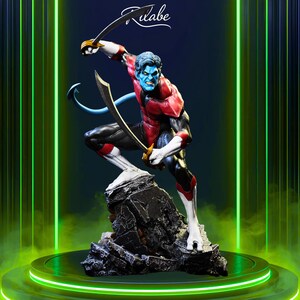 May include: A detailed figurine of a blue-skinned character in a dynamic pose, holding two swords. The figure wears a red and black suit, with white accents. The base is a rocky structure, and the background has green neon lighting.