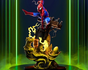 Spider Man Fanart STL Statue | 1/6 Scale | Leaping Pose on Electro-Battle Base | 3D STL Print File Model Download