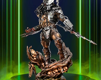 Epic Jungle Warrior Fanart STL Statue + Bust | 1/6 Scale | Alien Hunter with Spear and Trophy Base | 3D STL Model Instant Download