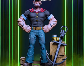 Popeye Fanart STL Statue | 1/7 Scale | Sailor Pose with Spinach Can and Dock Base | 3D STL Print File Model Download
