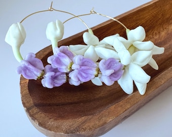 Purple Crown Flower Mixed Forever Lei Hoop Earrings Hawaiʻi Jewelry Lightweight Clay Gold Filled Gift Women Realistic Made in Hawaii