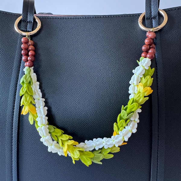 Purse Lei Two Strand Ombre Pakalana White Crown Twist Forever Flowers Sandalwood Gold Tropical Tote Hawaii Bag Chain Accessory Hawaiʻi Made