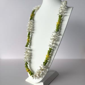May include: A white floral lei necklace displayed on a white mannequin bust. The lei features white flower blossoms interspersed with green and yellow foliage. The necklace is a traditional Hawaiian garland, often worn for celebrations and special occasions.
