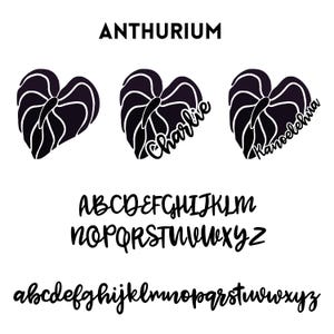 May include: Black and white graphic design featuring Anthurium flower shapes with the names "Charlie" and "Kanoelehua" in cursive. The image also includes uppercase and lowercase alphabet fonts.