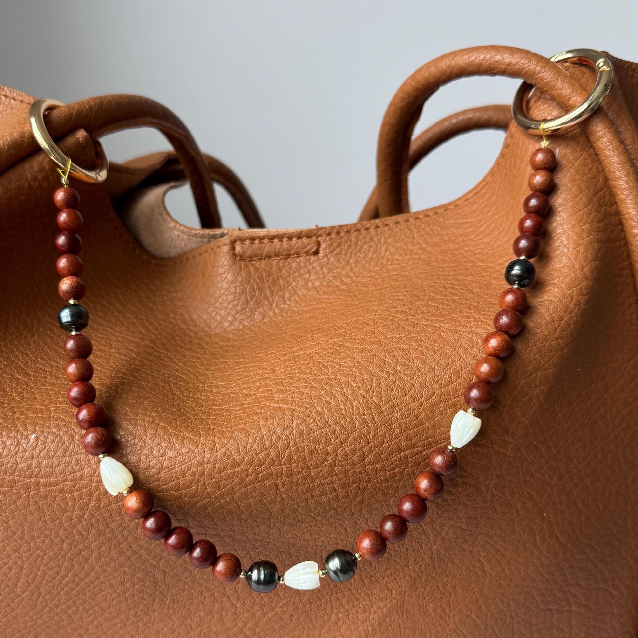Mother of Pearl Pikake Purse Chain Tahitian Pearl Sandalwood Gold