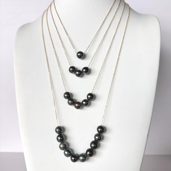 Large 11-12 mm Tahitian Pearl Floating Necklace Gold Filled Sterling Silver Layering Statement Jewelry Genuine Natural Luster Made in Hawaii