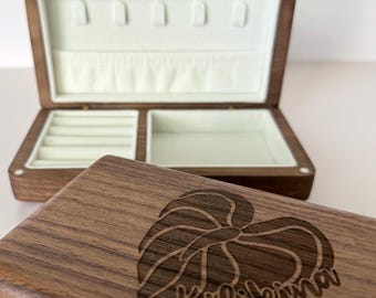Personalized Jewelry Box Customizable Name Engraving Solid Walnut Magnetic Closure Velvet Lining Hawaii Gift Original Art Made in Hawai'i