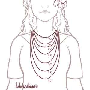 May include: Illustration of a person with a necklace length guide. The guide shows necklace lengths of 15", 18", 20", 24", 30", 35", and 40". The brand name "hakuland hawaii" is at the bottom.