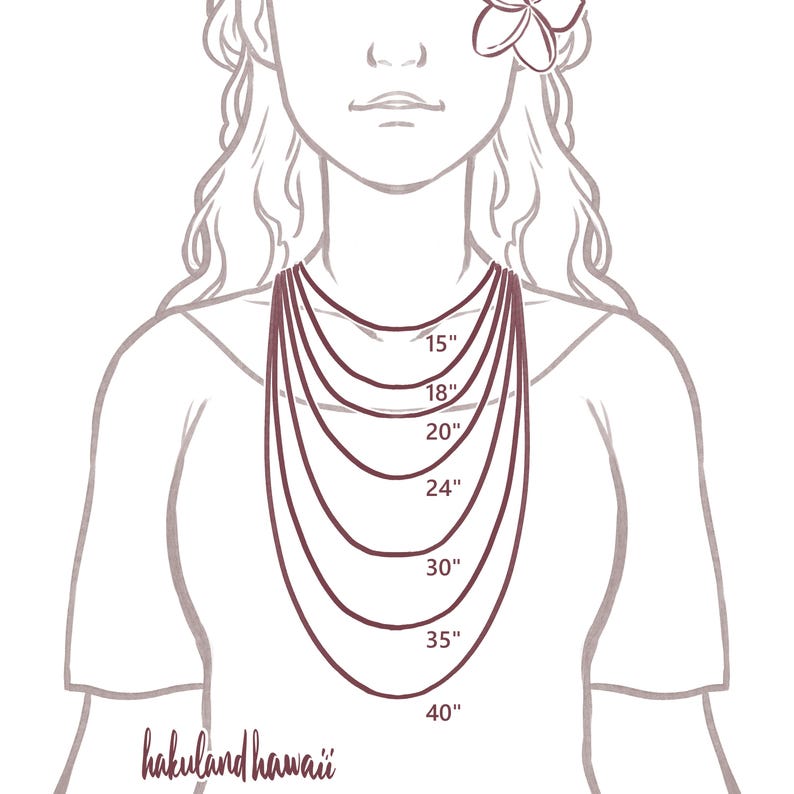 May include: Illustration of a person with a necklace length guide. The guide shows necklace lengths of 15", 18", 20", 24", 30", 35", and 40". The brand name "hakuland hawaii" is at the bottom.