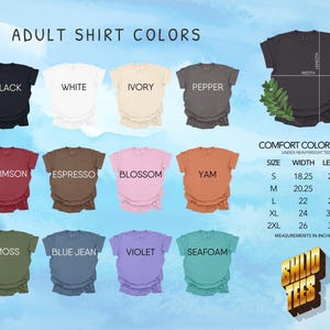 May include: A display of t-shirt color options, including black, white, ivory, and pepper. The image also shows crimson, espresso, blossom, and yam. Additional colors are moss, blue jean, violet, and seafoam. Measurements in inches are provided.