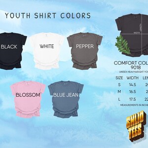 a collection of youth t-shirt colors and sizes, including black, white, pepper, and comfort colors, along with measurements for each color and size.