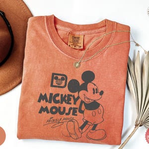 May include: A coral-coloured t-shirt featuring a graphic of Mickey Mouse with the text "Do Mickey Mouse". A gold necklace and a brown hat are also visible. The shirt is folded and has a vintage look.