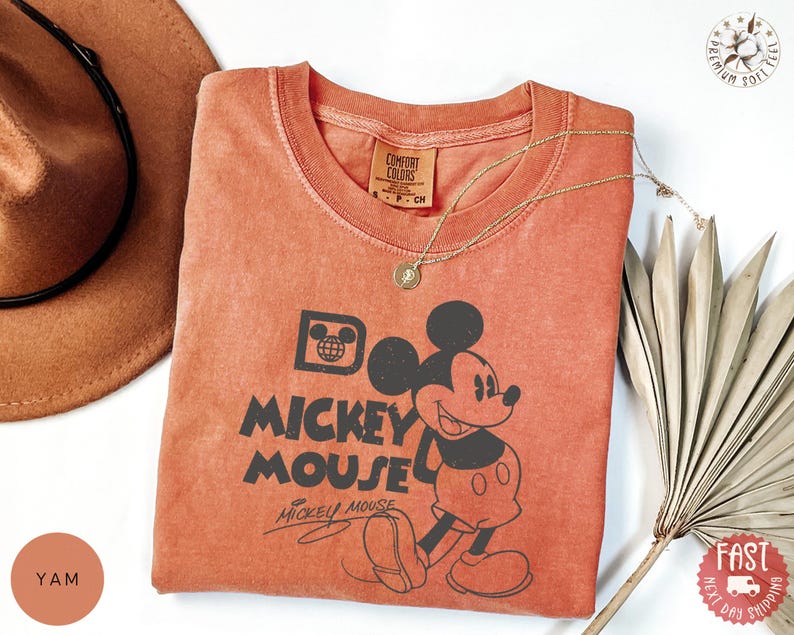May include: A coral-coloured t-shirt featuring a graphic of Mickey Mouse with the text "Do Mickey Mouse". A gold necklace and a brown hat are also visible. The shirt is folded and has a vintage look.