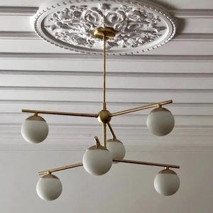 Mid Century Modern 6 Globe Bubble Light Sputnik Chandelier, Handcrafted Brass Chandelier Glass Globe Pendant Ceiling Light Fixture