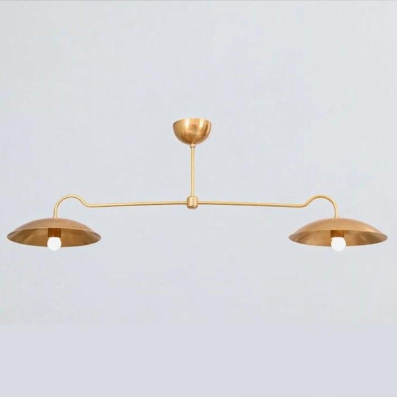 Linear Double Shade Brass Chandelier, Italian Style Mid Century Modern Brass Ceiling Pendant Light Fixture, Dinning Room Kitchen Island Lamp image 5