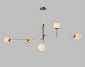 Twisted Five Globe Semi Flush Mount Mid Century Modern Brass Sputnik Chandelier, Handcrafted Bubble Globe Ceiling Pendant Light Fixture