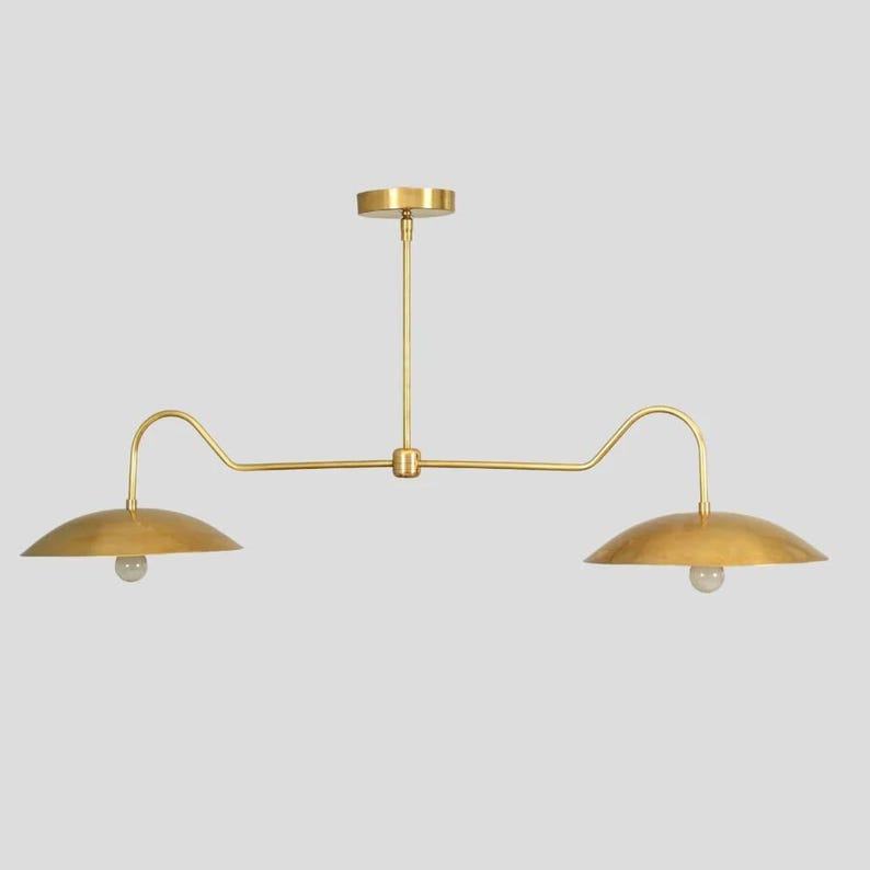 Linear Double Shade Brass Chandelier, Italian Style Mid Century Modern Brass Ceiling Pendant Light Fixture, Dinning Room Kitchen Island Lamp image 7