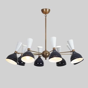 Stilnovo Style Double Shade 8 Arm 16 Light Mid Century Modern Sputnik Chandelier, Handcrafted Raw Brass Chandelier Ceiling Light Fixture