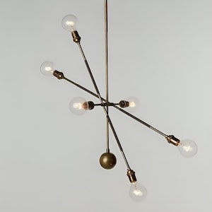 Tandem mässings Sputnik-krona med hög tråd, 6 ljus, oregelbundet korsande taklampa med läderomslag, modern iögonfallande lampa