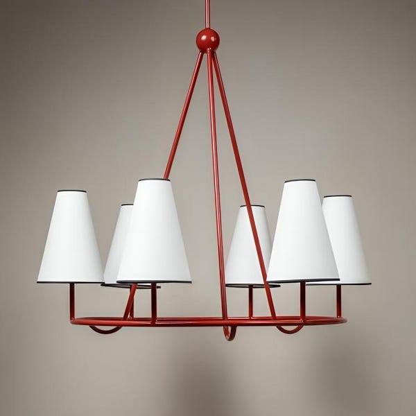 Jean Royere Inspired Circular Six Shade Chandelier | Mid-Century Modern French Ceiling Light
